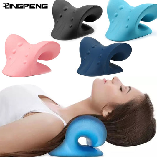 A woman uses a blue JB Muscle™ Neck Shoulder Stretcher for muscle relaxation. Four neck stretcher pillows in pink, black, light blue, and navy are in the background. The brand name "JB Muscle" is in the top left corner.
