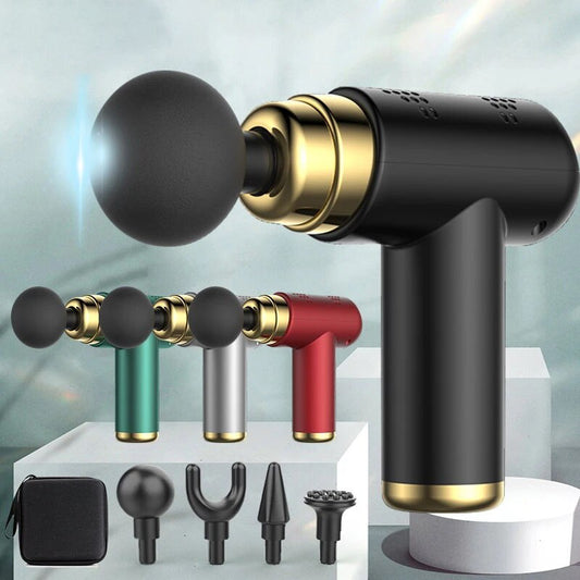 Several JB Muscle™ Mini Massage Guns in various colors are displayed on a white surface, featuring interchangeable massage heads and a small carrying case, specifically designed for deep tissue relaxation and effective pain relief.