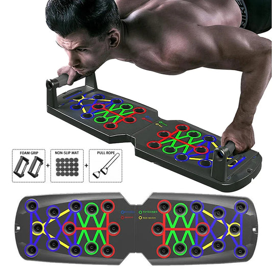 A muscular man using a JB Muscle™ Push Up Board: Elite System Home Gym Strength Training with multiple hand positions, highlighting its features like foam grip and non-slip mat, alongside an image of the board with pull ropes and labeled hand positions.