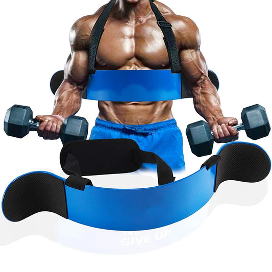 A muscular torso of a person lifting dumbbells with the JB Muscle™ Arm Blaster: Bicep Isolator displayed in two angles against a white background.