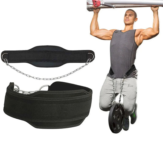 Man performing pull-ups with a JB Muscle™ Dipping Belt for Enhanced Strength Training to enhance muscle development.