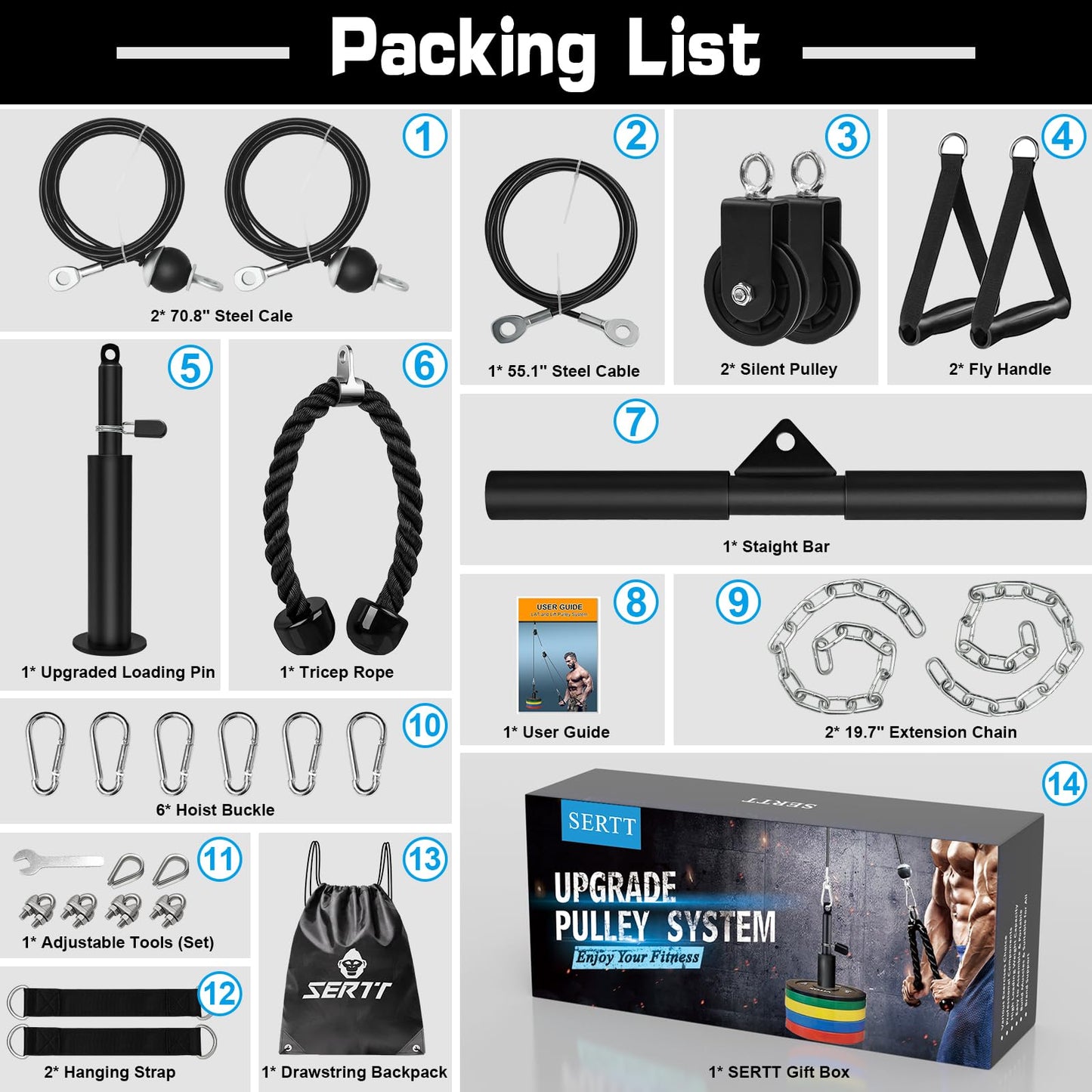 SERTT Weight Cable Pulley System Gym – JB-Muscle™ Upgraded LAT Pull Down, Biceps & Triceps Training Kit for Home Gym Strength, Muscle Growth & Full-Body Workouts