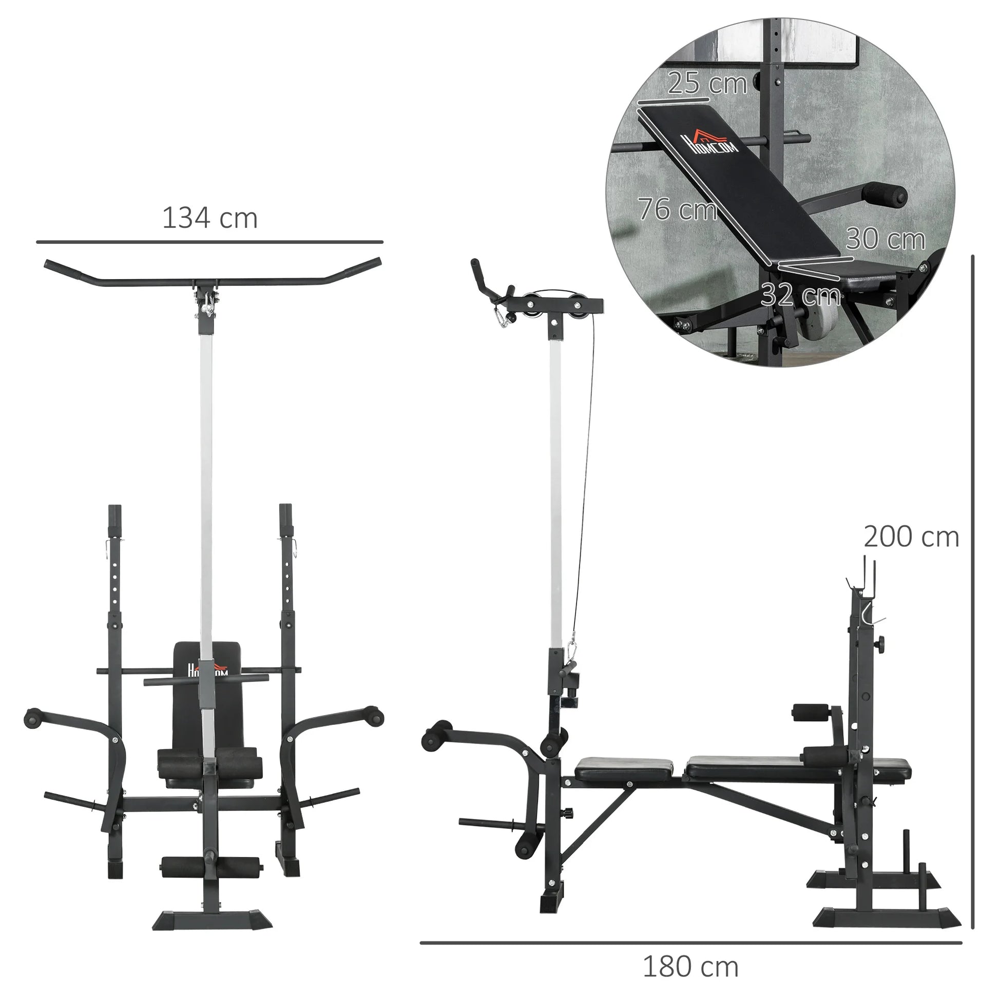 The JB Muscle HOMCOM Multi Station Exercise Bench (JB-Muscle™) offers full-body strength training at home with butterfly curl, lat pulldown, leg curl, and barbell rack. Size: 134x180x200 cm. Inset shows detailed backrest measurements.