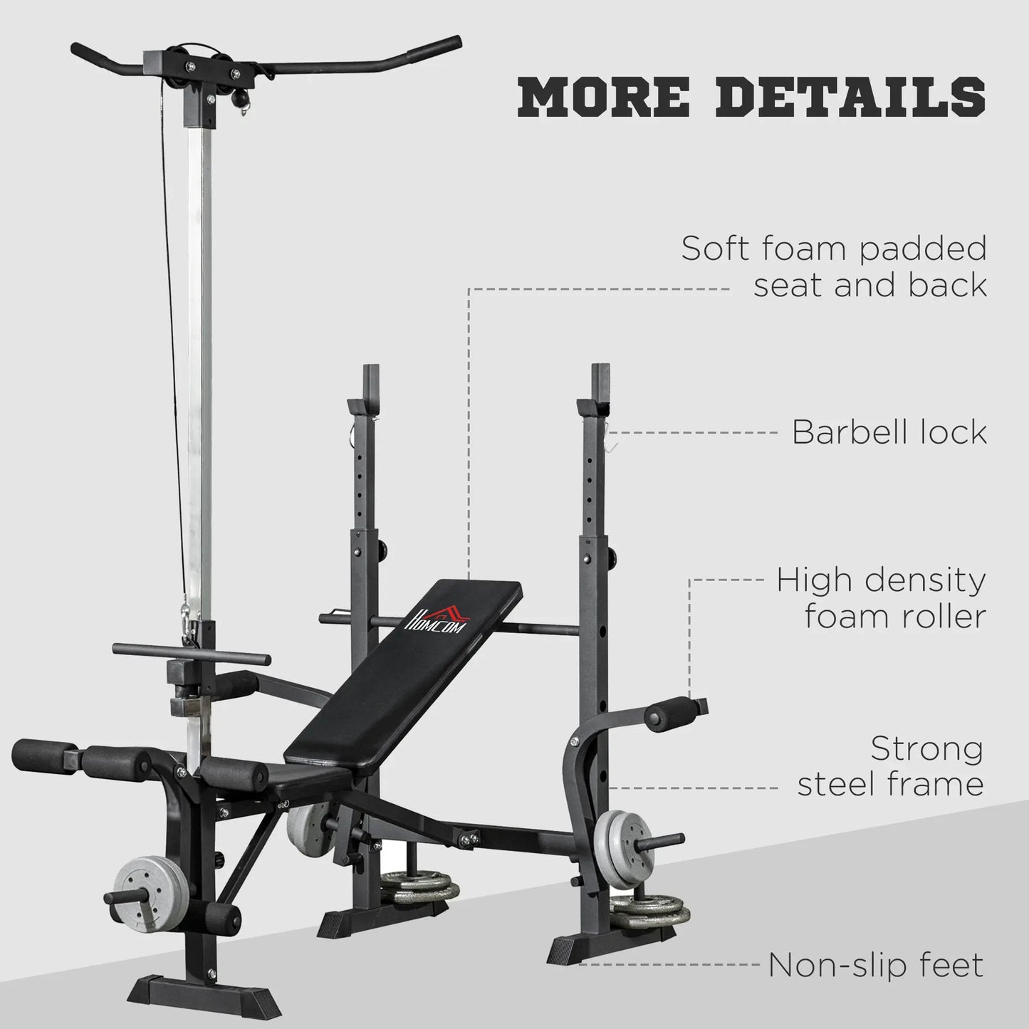 The JB Muscle HOMCOM Adjustable Weight Bench features a pulley system, incline bench press, squat rack, leg developer, strong steel frame, and non-slip feet—ideal for home strength training. Labels with dashed lines highlight each feature.