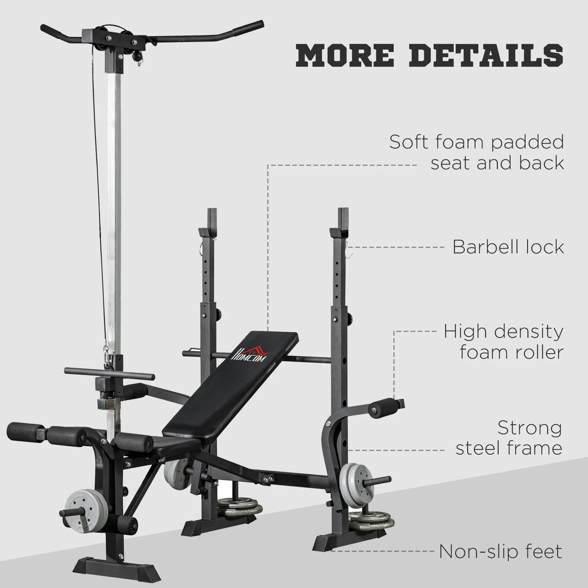 The JB Muscle HOMCOM Adjustable Weight Bench features a pulley system, incline bench press, squat rack, leg developer, strong steel frame, and non-slip feet—ideal for home strength training. Labels with dashed lines highlight each feature.