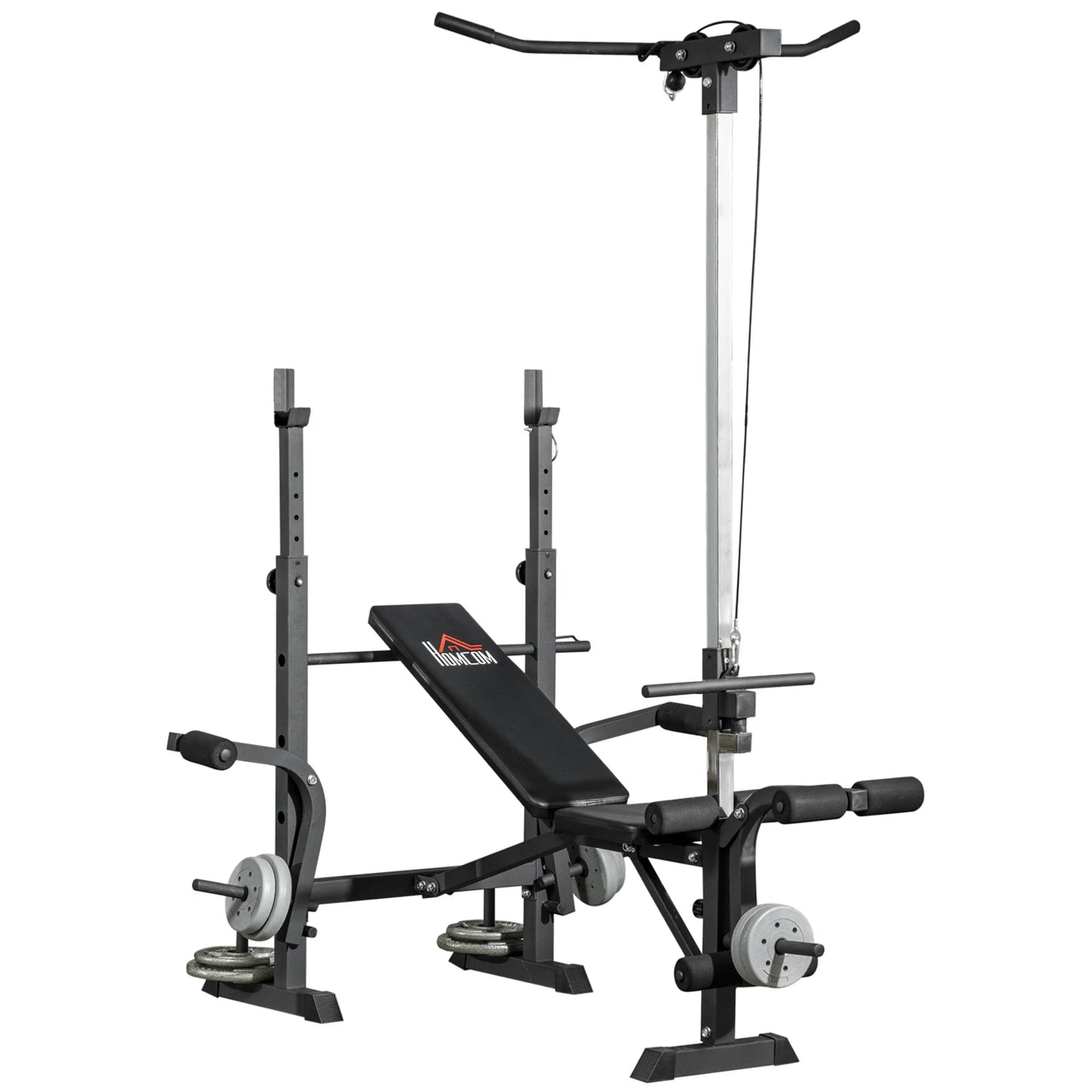 The JB Muscle HOMCOM Multi Station Exercise Bench with butterfly curl, lat pulldown, leg curl & barbell rack is a versatile JB-Muscle™ home gym machine for full body strength training.