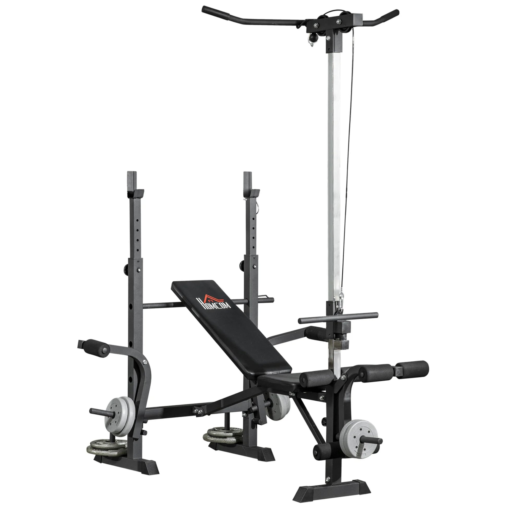 The JB Muscle HOMCOM Multi Station Exercise Bench with butterfly curl, lat pulldown, leg curl & barbell rack is a versatile JB-Muscle™ home gym machine for full body strength training.