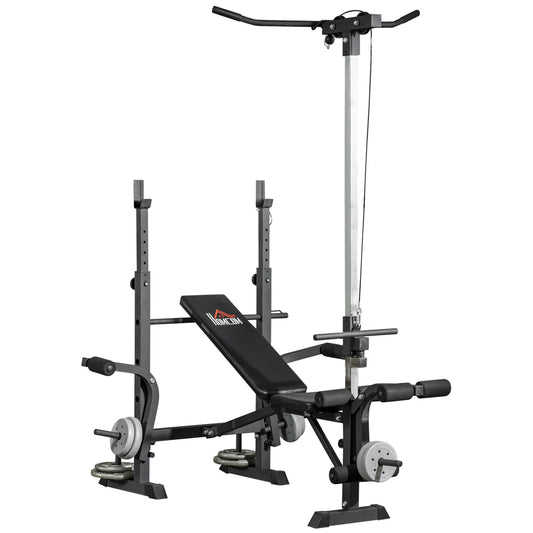 The JB Muscle HOMCOM Multi Station Exercise Bench with butterfly curl, lat pulldown, leg curl & barbell rack is a versatile JB-Muscle™ home gym machine for full body strength training.