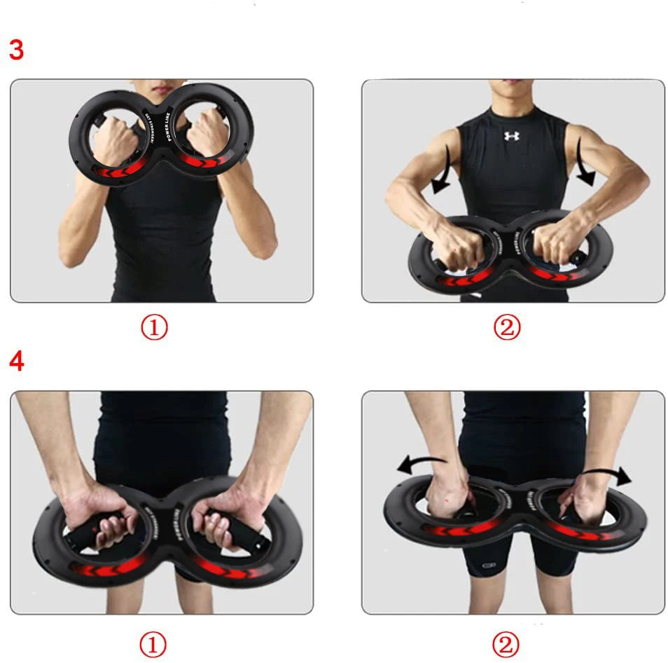 A series of pictures demonstrating how to use the JB Muscle™ Forearm Trainer for grip strength.