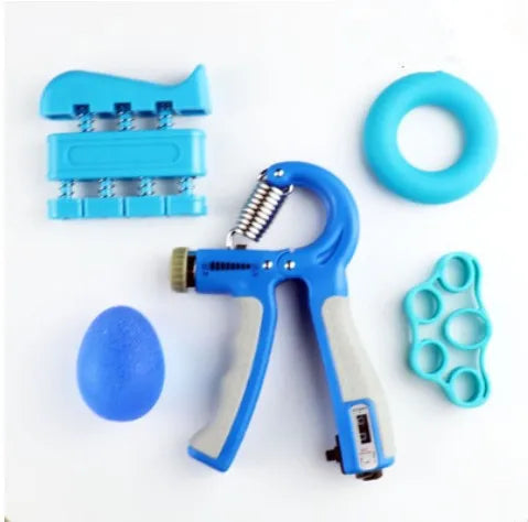 A set of tools including a JB Muscle™ Hand Gripper for grip strength and a blue plastic ring.