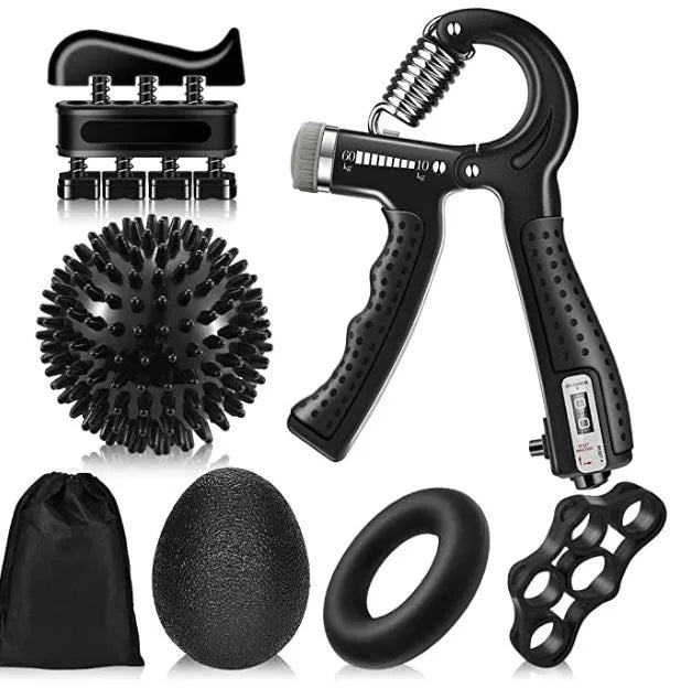 A black and white image of a JB Muscle™ Hand Gripper designed to enhance grip strength, depicted in a series of recursive images.