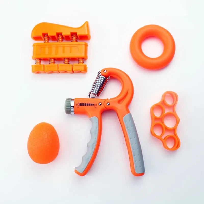 A set of JB Muscle™ Hand Grippers: Dynamic Arm Strength Trainer tools and an orange grip game ball.