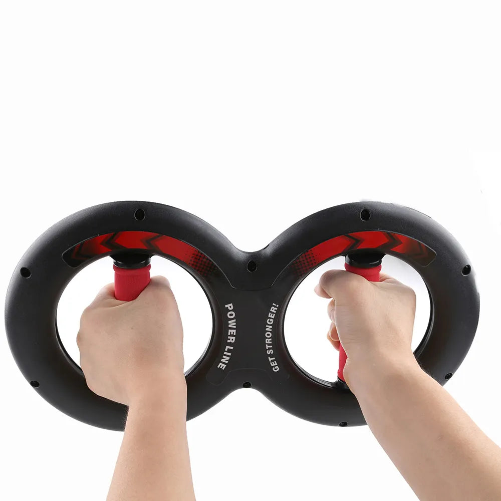 A pair of hands holding a red and black JB Muscle™ Forearm Trainer, designed to improve grip strength and forearm trainer.