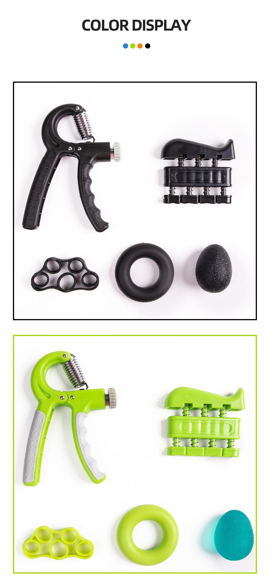 A set of different types of exercise equipment, including a JB Muscle™ Hand Gripper: Dynamic Arm Strength Trainer.