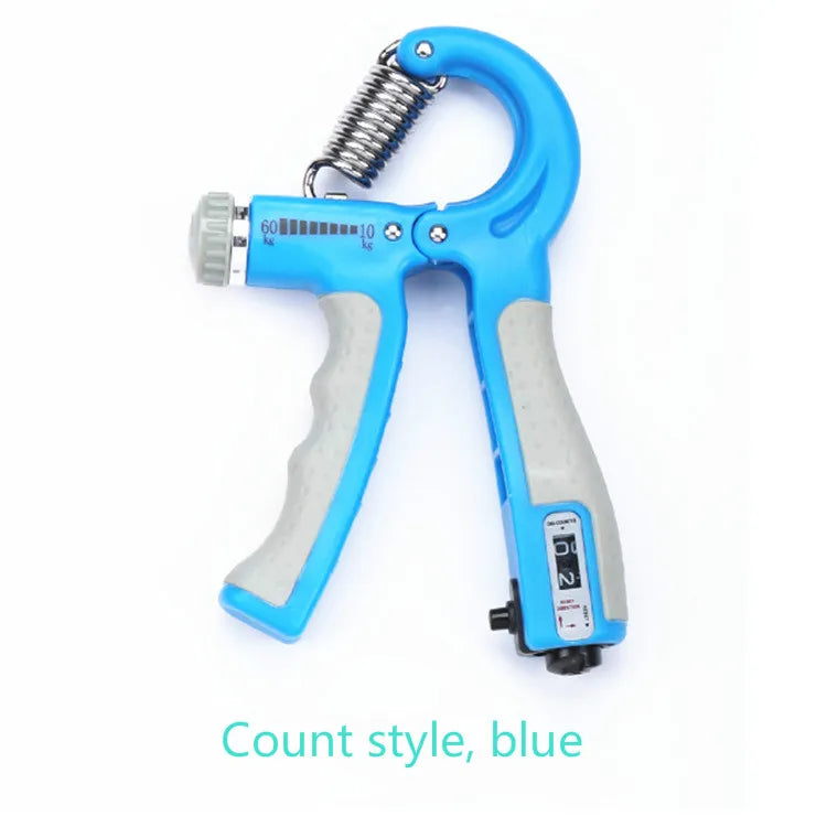 A JB Muscle™ Hand Gripper: Dynamic Arm Strength Trainer with the words count style blue, designed for improving grip strength and arm power.