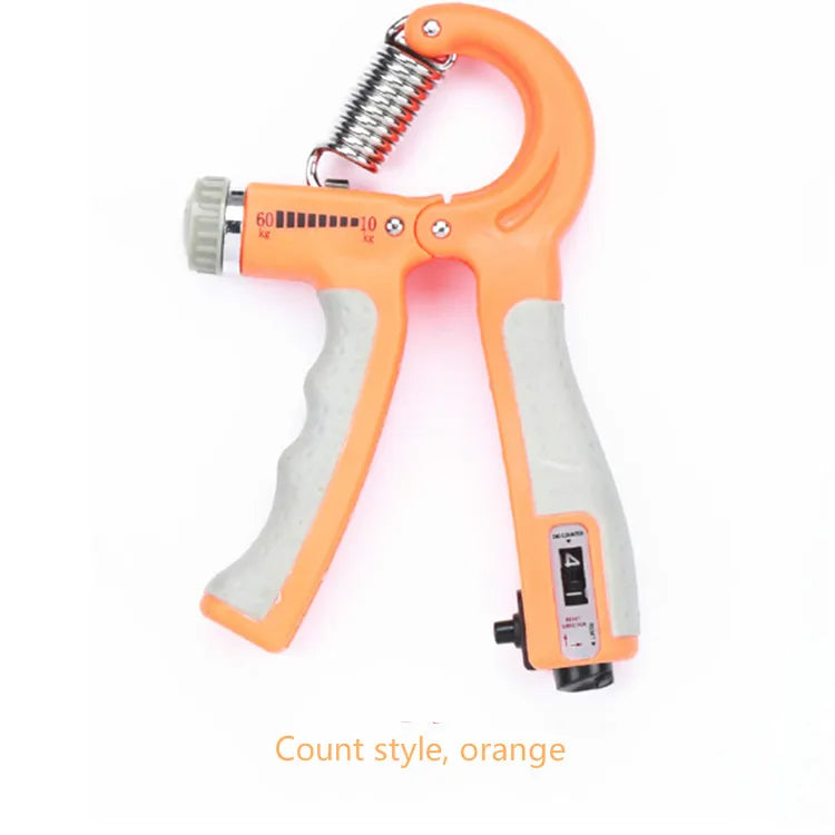 An orange and gray JB Muscle™ Hand Gripper with the word count style on it, designed for improving grip strength.