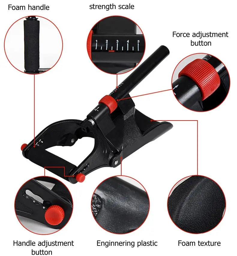 The JB Muscle Hand Grip Exerciser features an anti-slip foam handle, strength scale, force and handle adjustment buttons, and durable engineering plastic—ideal for boosting forearm, wrist, and arm strength at home or in the gym.