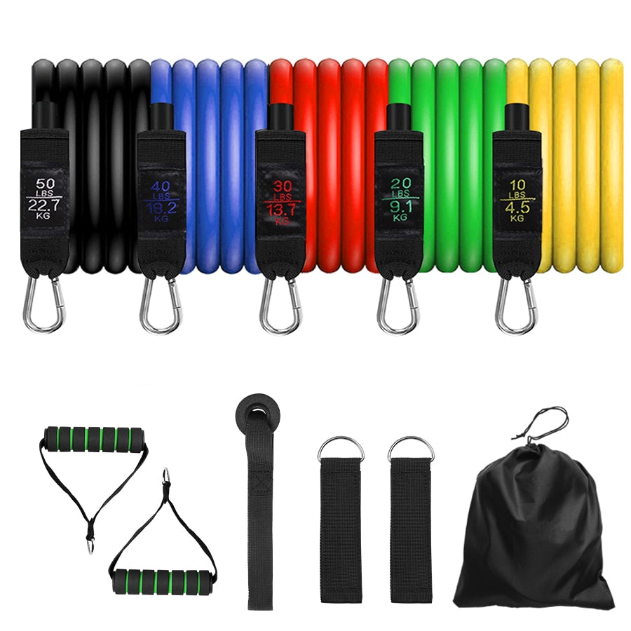 A set of JB Muscle™ Yoga Resistance Bands: Home Workout Kit with different colors and accessories.