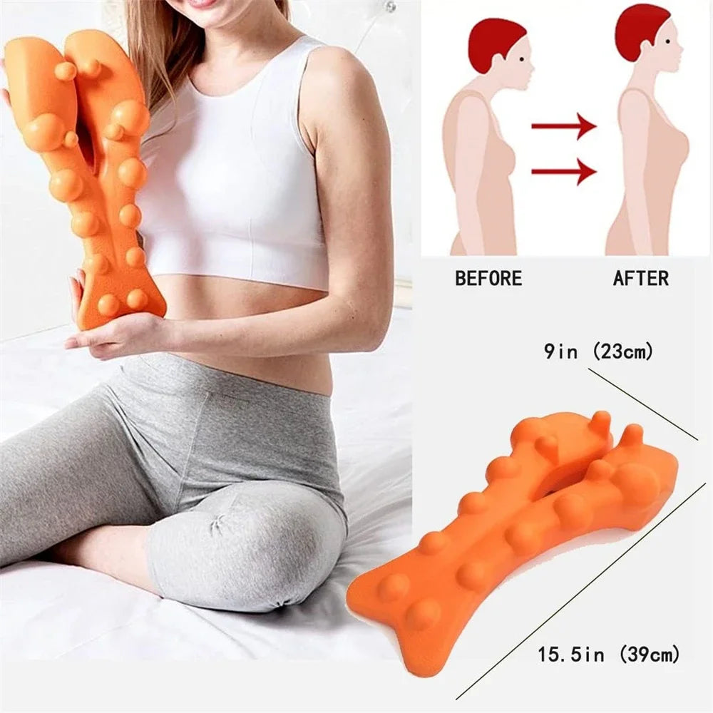 A woman is sitting on a bed holding an orange toy, using the JB Muscle™ Cervical Traction Device Back Stretcher Massager.