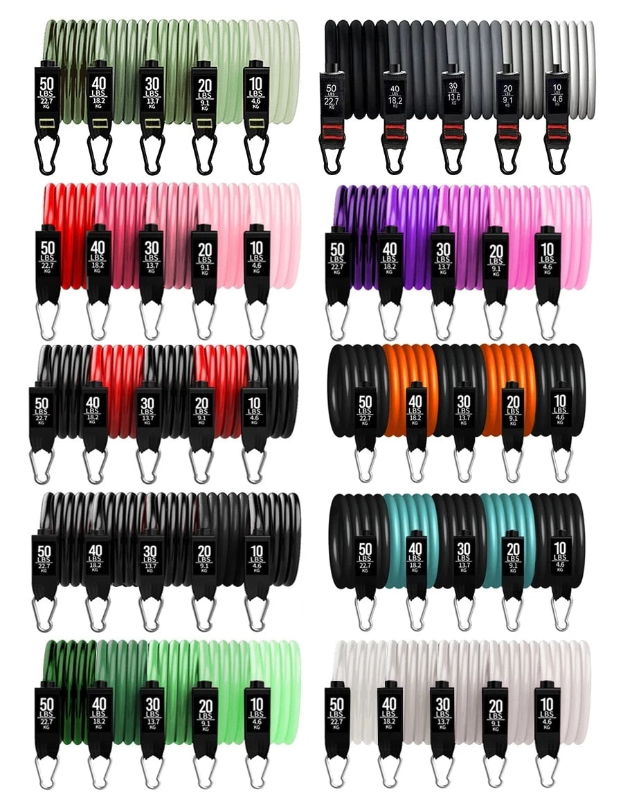 A set of colorful JB Muscle™ Yoga Resistance Bands: Home Workout Kit with hooks for home workouts and yoga resistance bands.