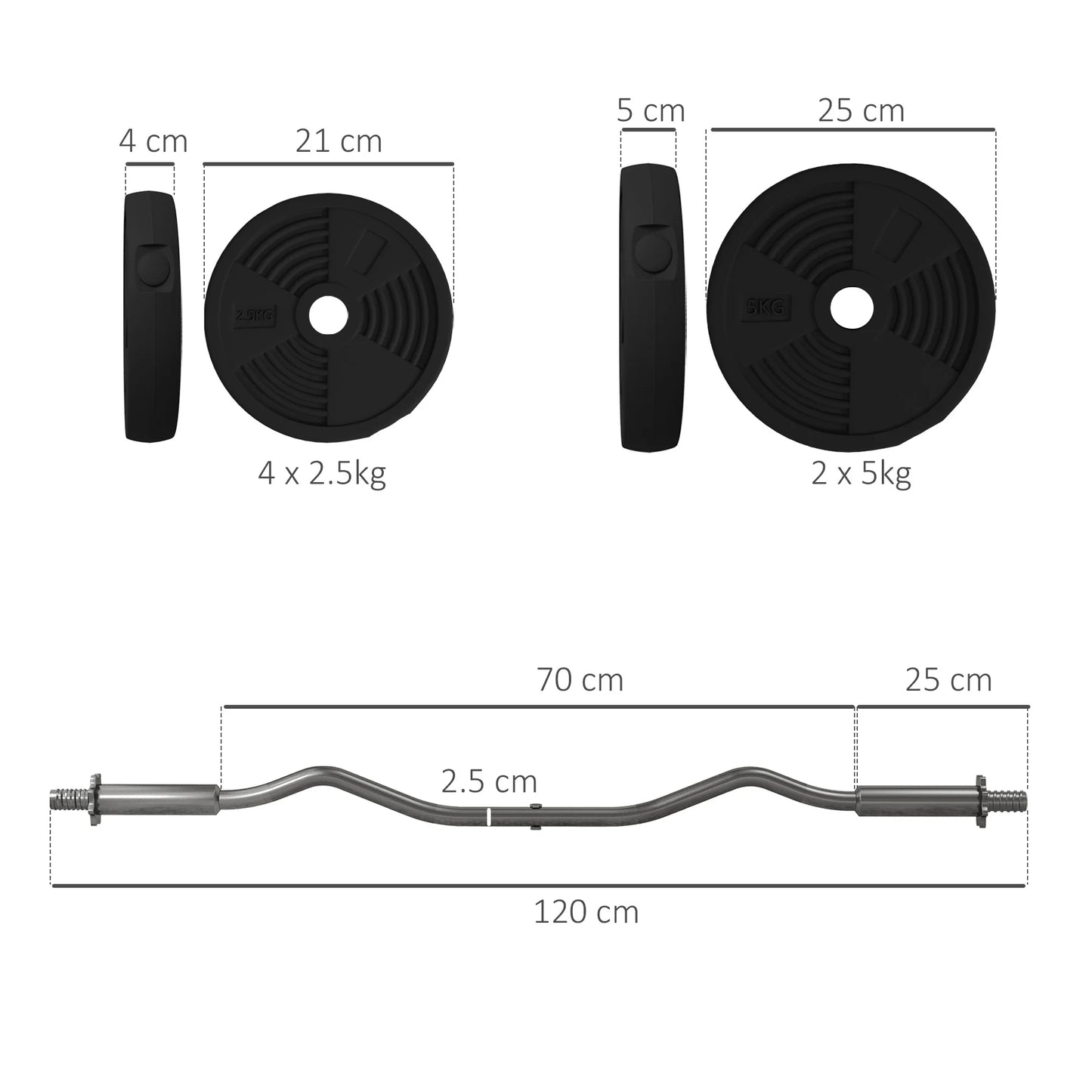 Image showing dimensions of the JB Muscle SPORTNOW 25kg Barbell Weights Set: four 2.5kg (21cm) plates, two 5kg (25cm) plates, and a 4ft adjustable curl bar, all measurements labeled—ideal for home strength training up to 80kg.