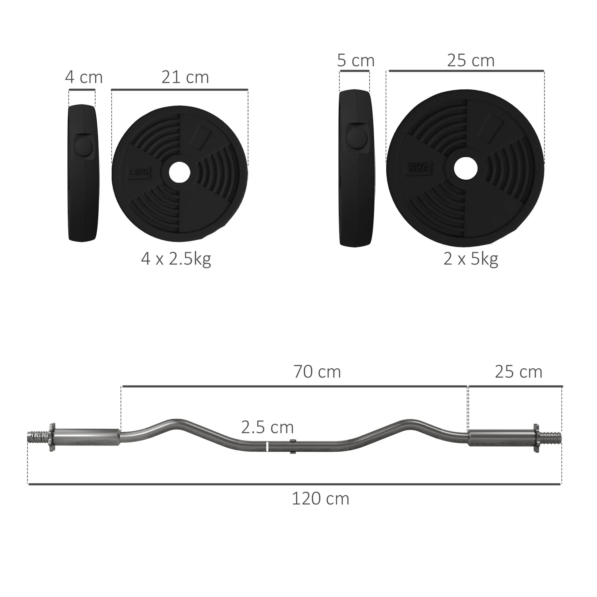 Image showing dimensions of the JB Muscle SPORTNOW 25kg Barbell Weights Set: four 2.5kg (21cm) plates, two 5kg (25cm) plates, and a 4ft adjustable curl bar, all measurements labeled—ideal for home strength training up to 80kg.