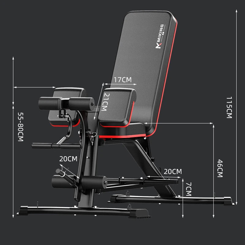 Adjustable JB Muscle™ Ultimate Home Gym Equipment Preacher Curl & Leg Extension Weight Bench with labeled dimensions and adjustable backrest for ultimate home gym equipment.