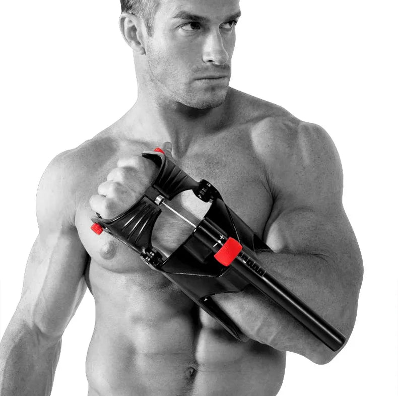 A shirtless muscular man uses the JB Muscle Hand Grip Exerciser for Forearm Strength, Wrist Power & Arm Training, holding the adjustable anti-slip JB-Muscle™ grip trainer in his right hand and showcasing impressive forearm strength against a white background.