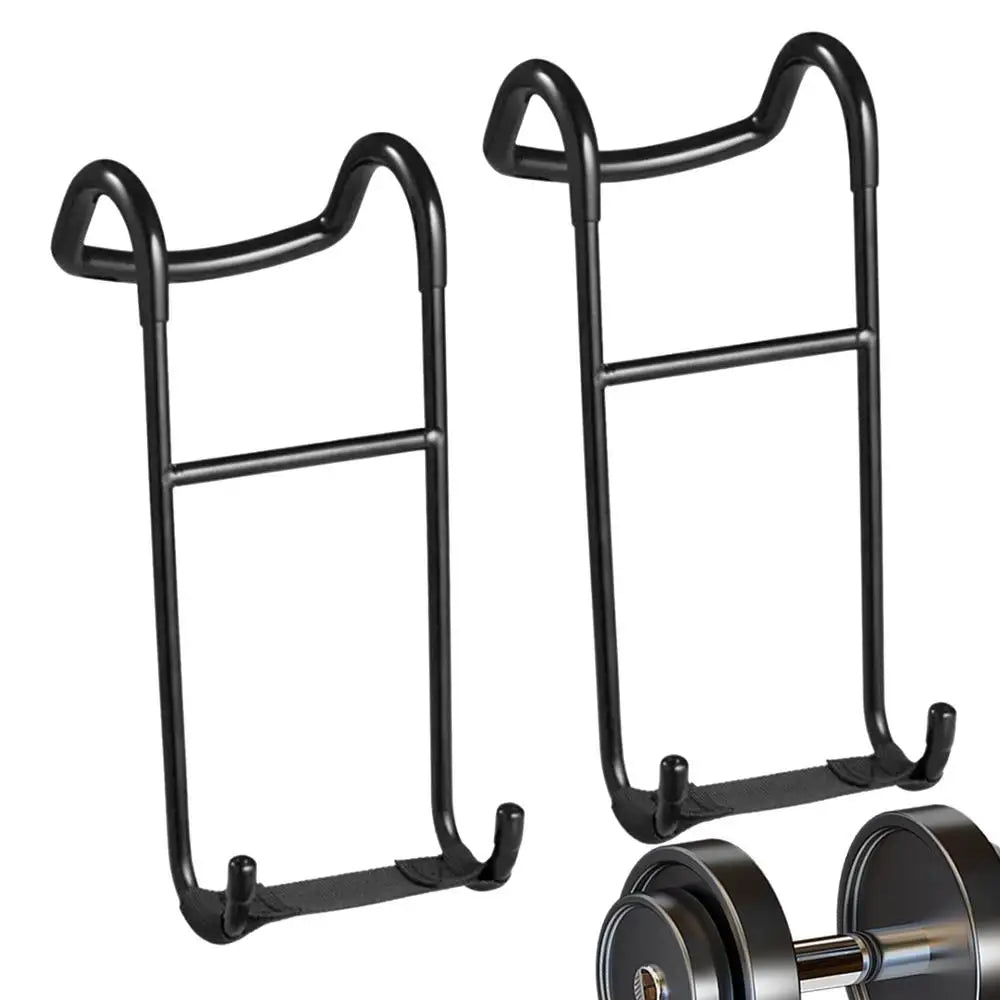 Two pieces of gym equipment from JB Muscle, the 2pcs Dumbbell Spotter Hooks Hanger Barbell Dumbbells Rack Attachments, are shown upright. They feature hooks and handles specifically designed for men's fitness and offer reliable support for weightlifting exercises. At the bottom, a portion of a barbell with weights is visible, highlighting these essential tools suitable for strength training.