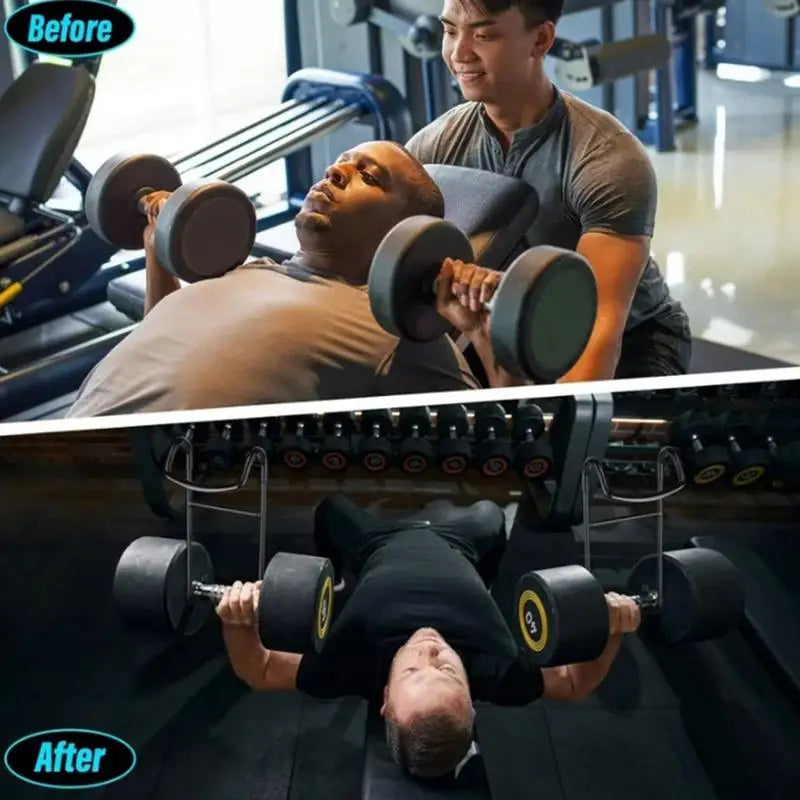 Two images of a person lifting weights: the "Before" shows them using JB Muscle's Heavy-Duty Dumbbell Safety Hooks for assisted dumbbell presses, while the "After" displays independent barbell presses. This transformation highlights significant strength progression and increased confidence in weightlifting techniques.