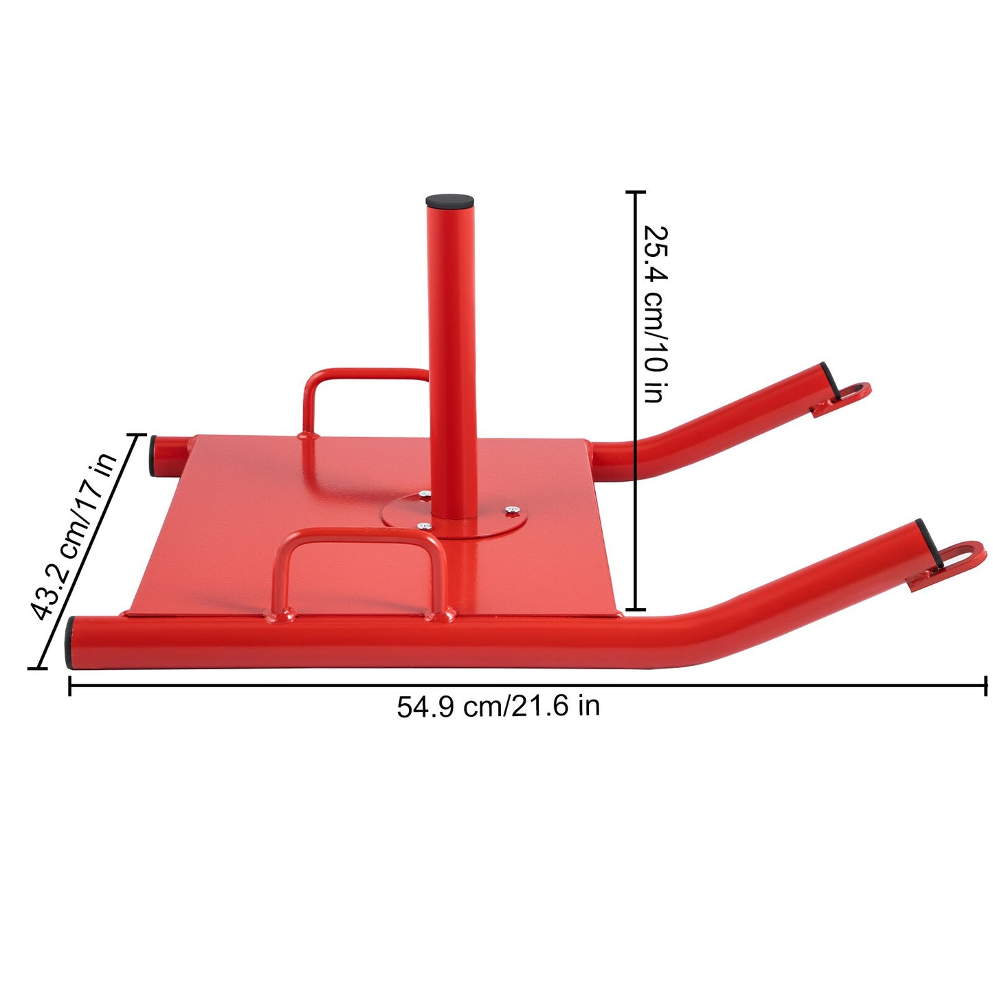 The dimensions of a JB Muscle™ Red HD Power Sled: Ultimate Strength Training with a red handle.