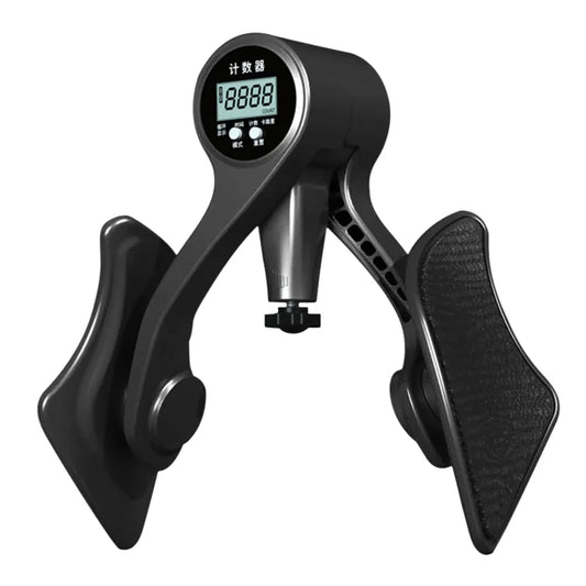 Introducing the JB Muscle™ Adjustable Digital Counter Hip Trainer, a sleek black device with a digital display, designed for hip training. It features two padded handles and an adjustment knob, allowing you to target varying strength levels for a more effective pelvic floor and leg muscle workout.