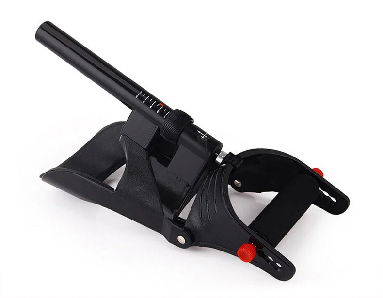 The JB Muscle Hand Grip Exerciser is a black, adjustable anti-slip grip trainer with measurement markings and red knobs, designed to boost forearm, wrist, and arm strength. Perfect for home, gym, or sports athletes. Displayed on a white background.