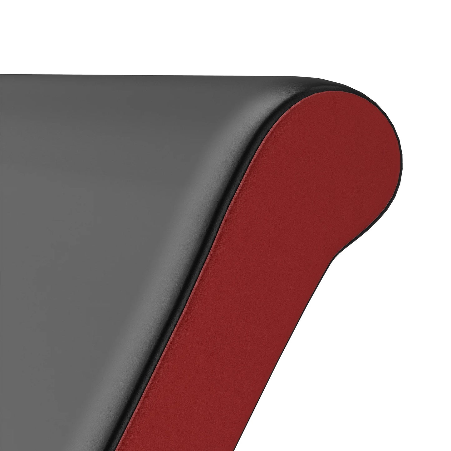 Close-up of the JB Muscle SPORTNOW Adjustable Preacher Curl Bench, featuring a matte gray surface with a bold red, rounded edge, handlebar, and cushioned elbow support for home or outdoor gym workouts.