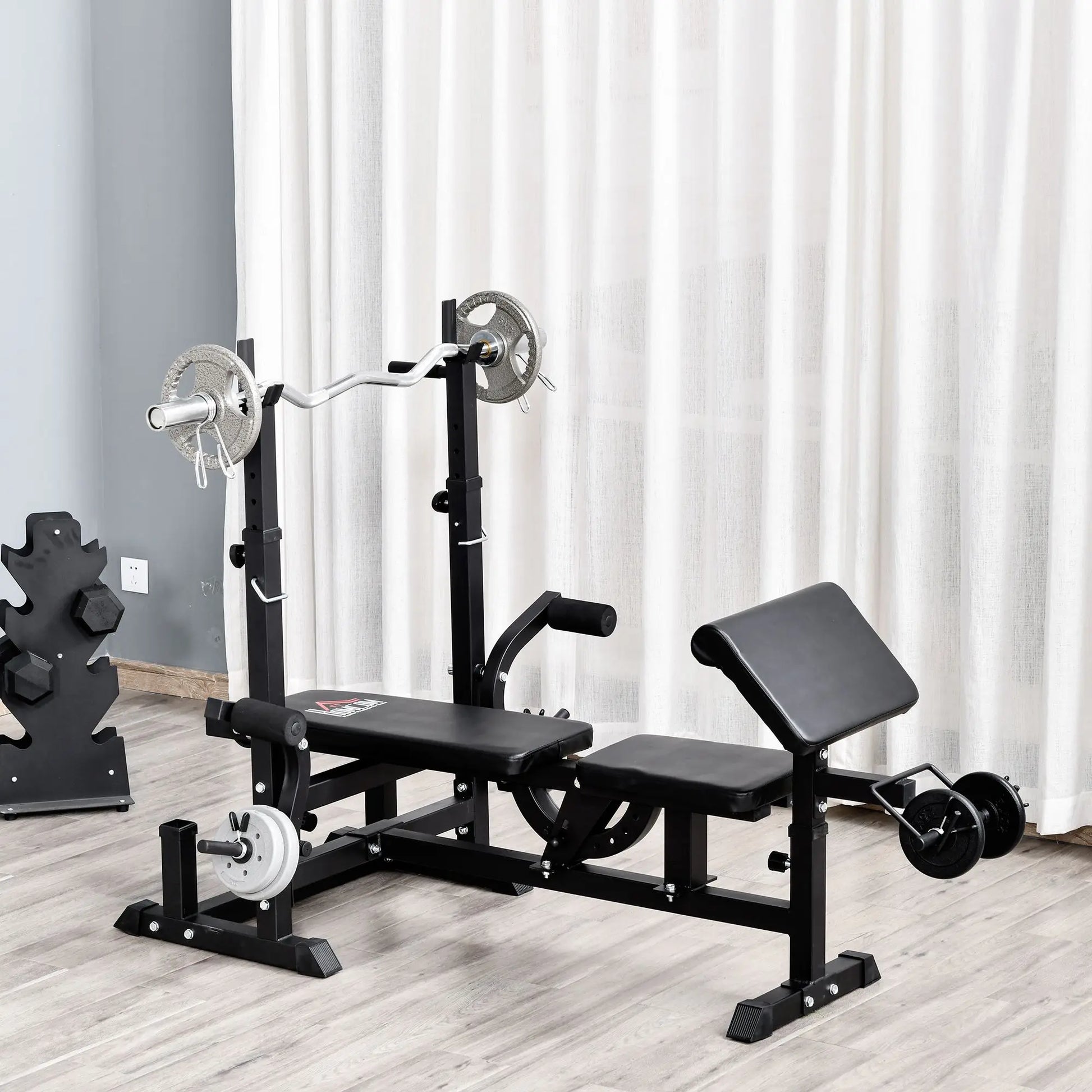 The JB Muscle HOMCOM Multi-Exercise Full-Body Weight Rack with Bench Press, Leg Extension, Chest Fly Resistance Band, and Preacher Curl is set up in a home gym with white curtains and wood flooring—ideal for strength training.