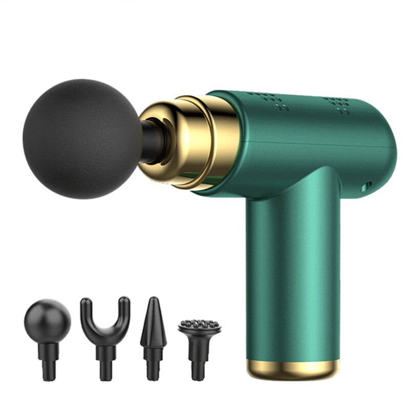 The green JB Muscle™ Mini Massage Gun: Deep Tissue Relaxation & Pain Relief, with a black spherical attachment, is displayed alongside four additional interchangeable attachments on a white background. Ideal for deep tissue massages and pain relief, this compact device ensures effective muscle recovery.