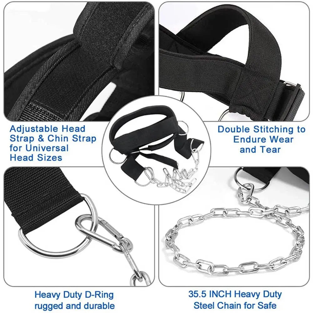Adjustable head and chin straps with double stitching and a heavy-duty D-ring connected to a 35.5-inch sturdy steel chain for secure and durable use, ideal for targeted exercises as a JB Muscle™ Ultimate Neck Trainer: Strengthen, Tone, and Relieve Pain.