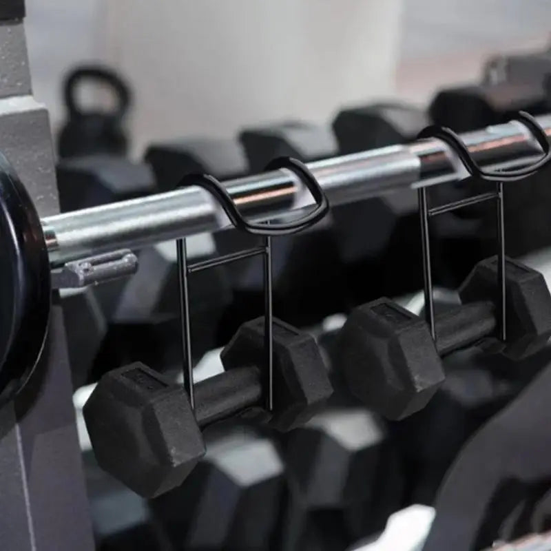 A sleek gym rack from JB Muscle neatly holds a series of black dumbbells and weight plates, offering an organized solution for efficient workout sessions with its Heavy-Duty Dumbbell Safety Hooks designed for home gyms, shoulder support, and solo weight lifting.