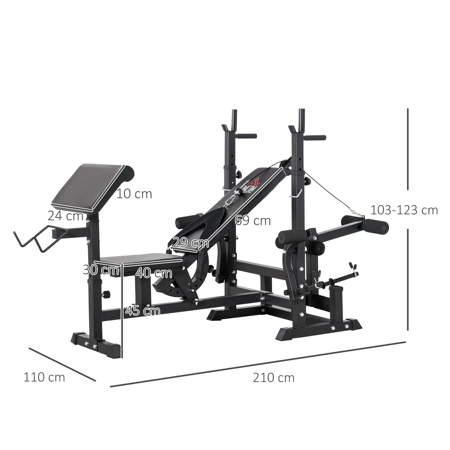 The JB Muscle HOMCOM Multi-Exercise Full-Body Weight Rack features a black adjustable bench with barbell rack, leg extension, chest fly resistance band, and preacher curl. Dimensions are labeled in centimeters for versatile strength training.