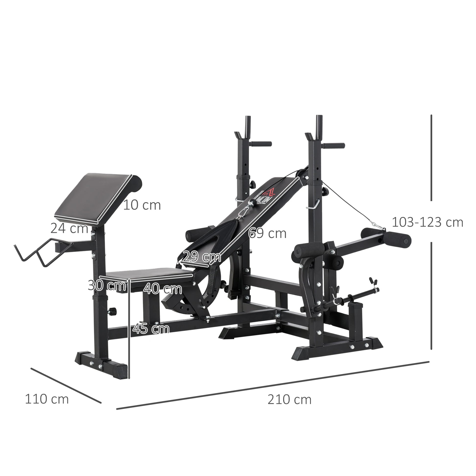 The JB Muscle HOMCOM Multi-Exercise Full-Body Weight Rack features a black adjustable bench with barbell rack, leg extension, chest fly resistance band, and preacher curl. Dimensions are labeled in centimeters for versatile strength training.