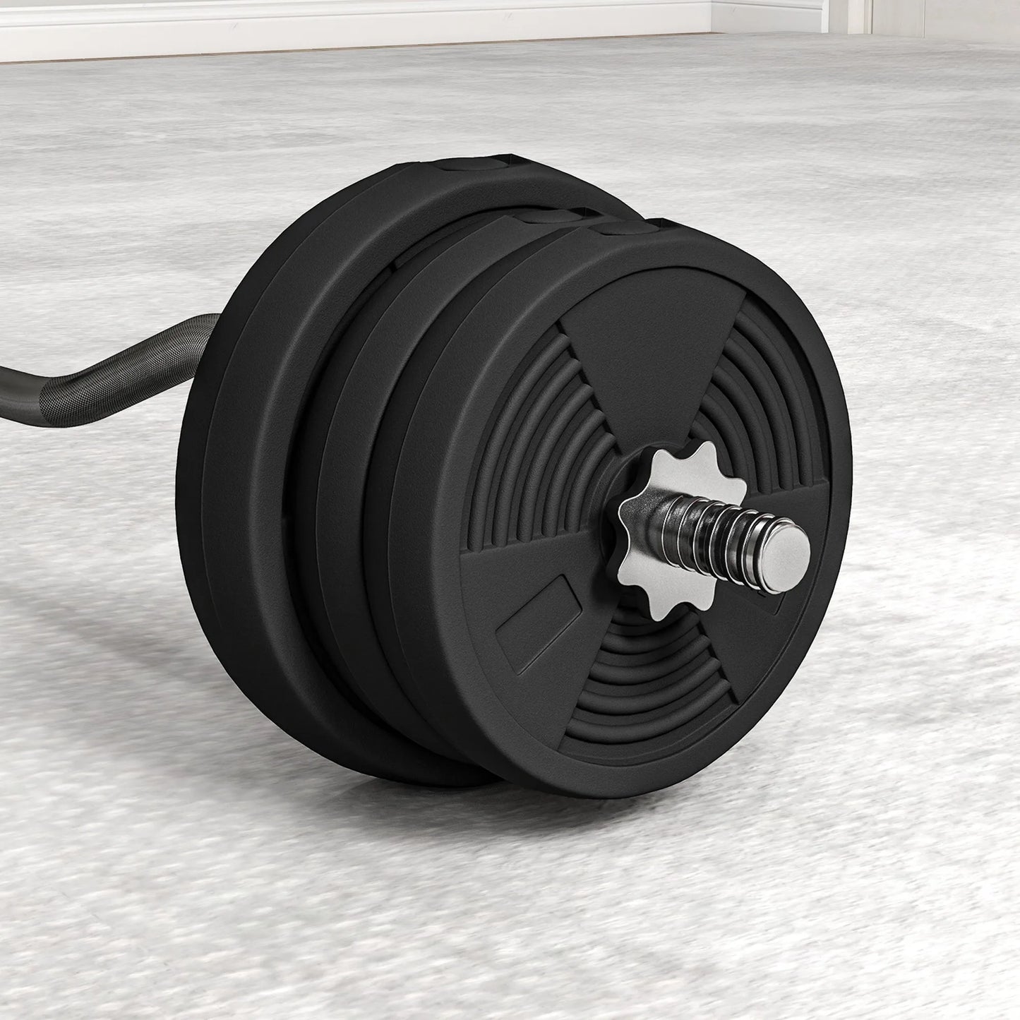 A close-up of the JB Muscle SPORTNOW 25kg Barbell Weights Set with 4ft curl bar, adjustable up to 80kg—ideal home gym equipment for strength training, squats, deadlifts, and arm curls on a light-colored floor.