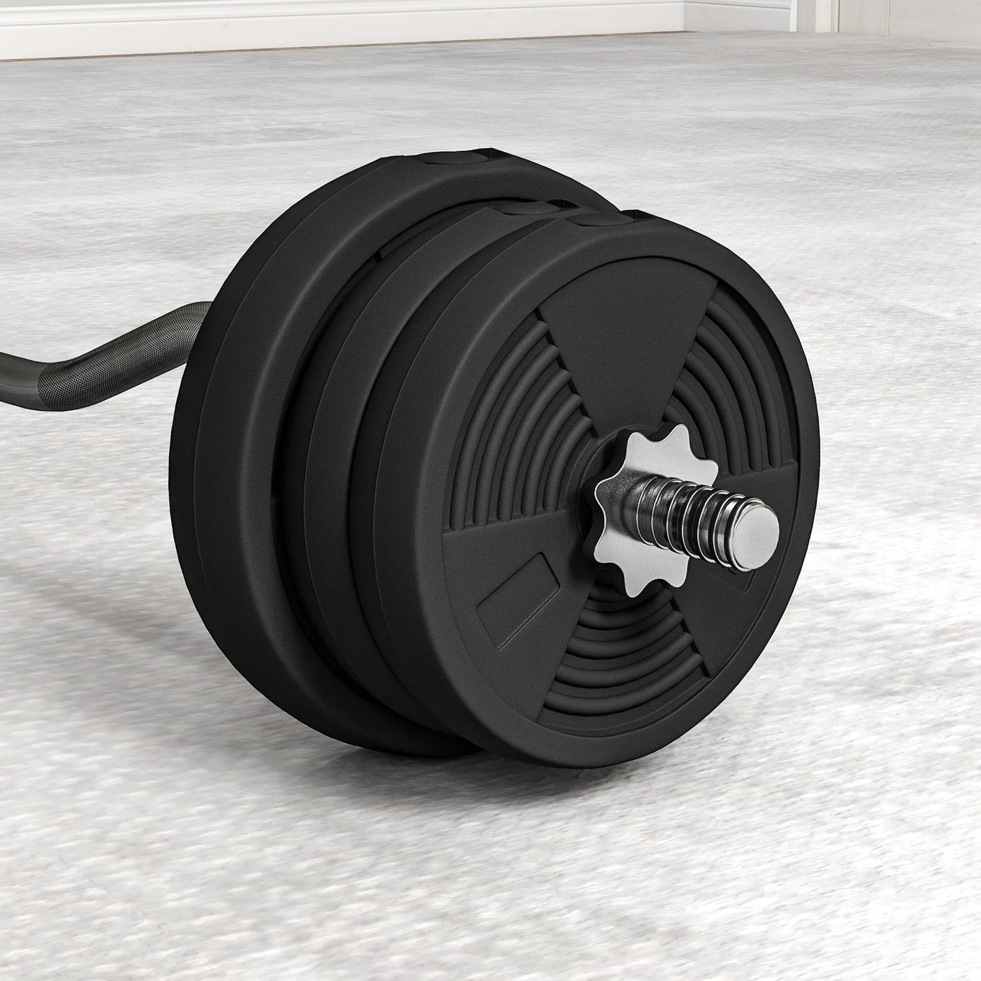 A close-up of the JB Muscle SPORTNOW 25kg Barbell Weights Set with 4ft curl bar, adjustable up to 80kg—ideal home gym equipment for strength training, squats, deadlifts, and arm curls on a light-colored floor.