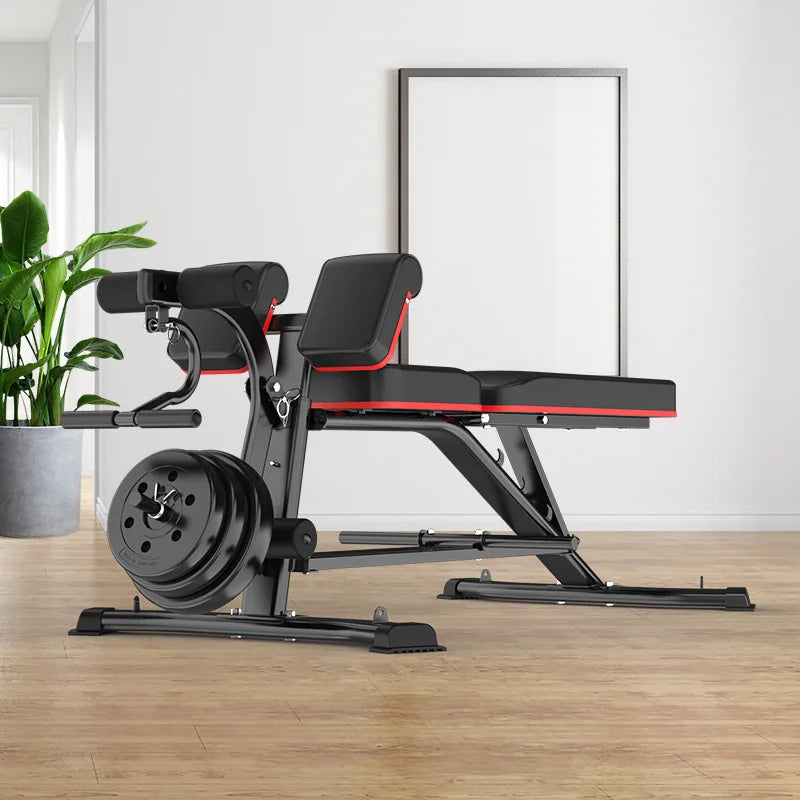 A modern JB Muscle™ Ultimate Home Gym Equipment: Preacher Curl & Leg Extension Weight Bench with adjustable features in a bright, minimalistic interior.