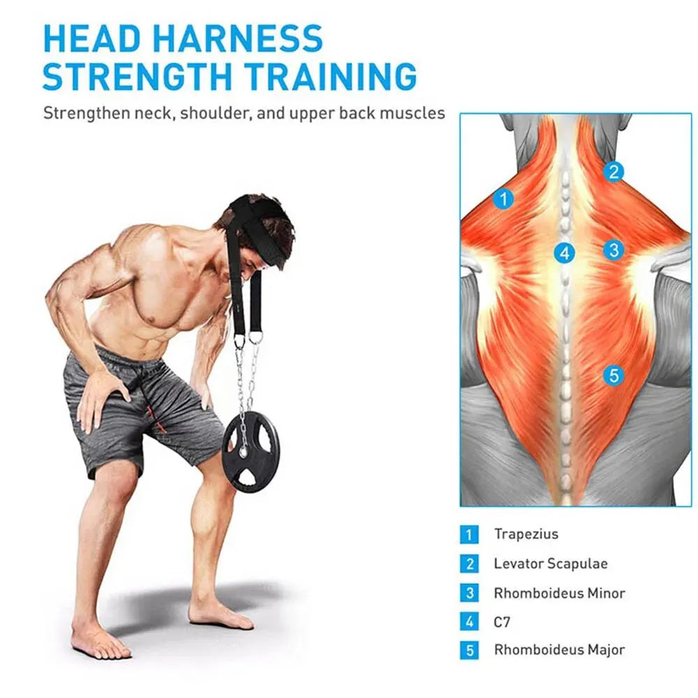 A man performs targeted exercises for neck strength using a JB Muscle™ Ultimate Neck Trainer with weights, alongside an anatomical illustration of the specific upper back muscles.