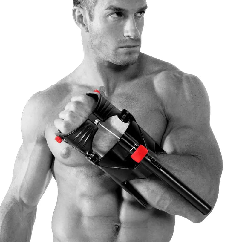 A shirtless man uses the JB Muscle Hand Grip Exerciser—an adjustable anti-slip black and red grip trainer—for forearm, wrist, and arm strength, focusing on muscle building against a plain background.