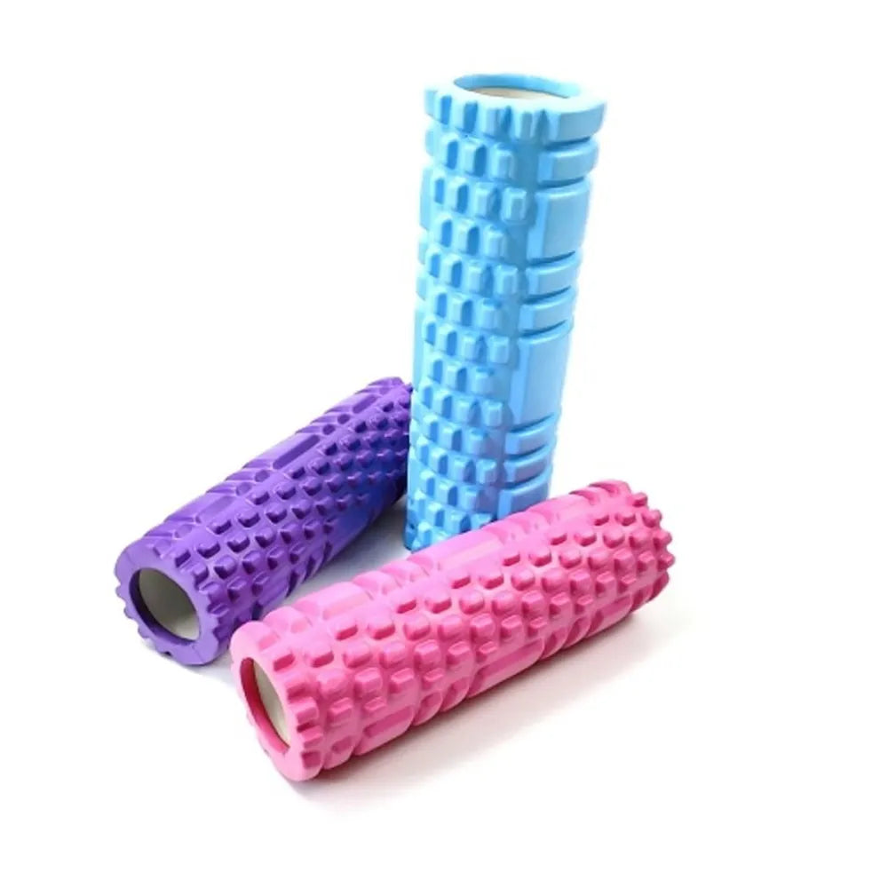 Three different colored JB Muscle™ Ultimate Foam Rollers for Deep Tissue Massage on a white background.