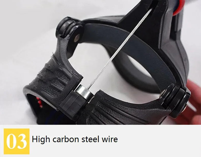 Close-up of the JB Muscle Hand Grip Exerciser, showing a taut high carbon steel wire between two black plastic arms and part of a metal cylinder—ideal for forearm strength, wrist power, and arm training.