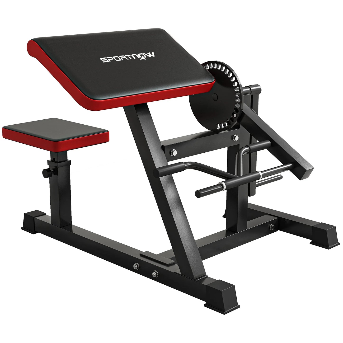 The JB Muscle SPORTNOW Adjustable Preacher Curl Bench is a multi-functional weight bench with handlebar and elbow cushion for home or outdoor gym bicep workouts, shown here in black and red on a white background.