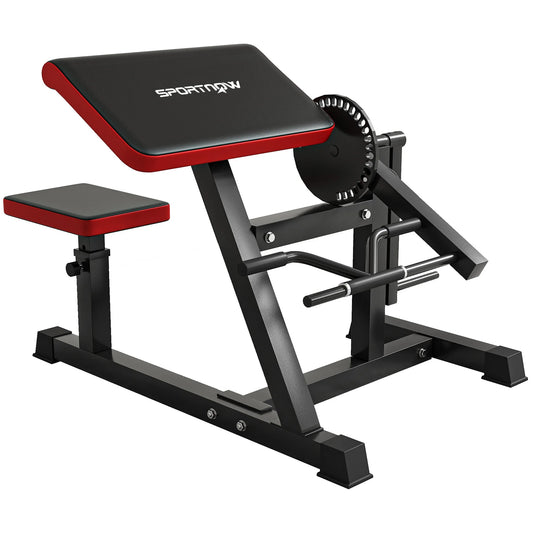 The JB Muscle SPORTNOW Adjustable Preacher Curl Bench is a multi-functional weight bench with handlebar and elbow cushion for home or outdoor gym bicep workouts, shown here in black and red on a white background.