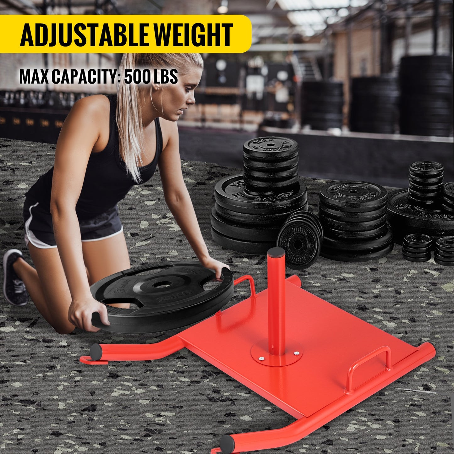 A woman lifting weights on a gym floor using the JB Muscle™ Red HD Power Sled: Ultimate Strength Training, brought to you by JB Muscle.
